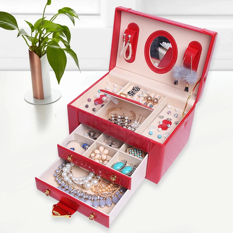 

JULY'S SONG Jewelry Storage Box Fashion Three Layer With Mirror PU Leather Tower Lockable Travel Jewelry Organizer Display Gift