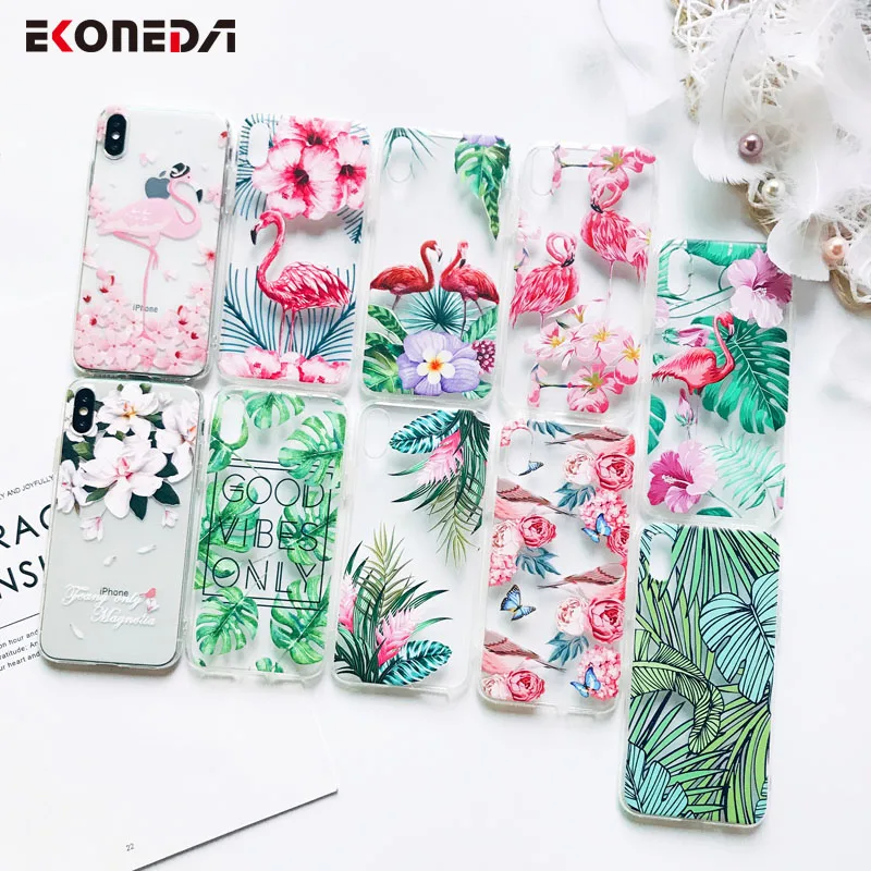 

EKONEDA Silicone Case For iPhone 7 Case Patterned Flower Leaves Flamingo Transparent For iPhone XS Max XR 6S 8 7 Plus 5S X Case