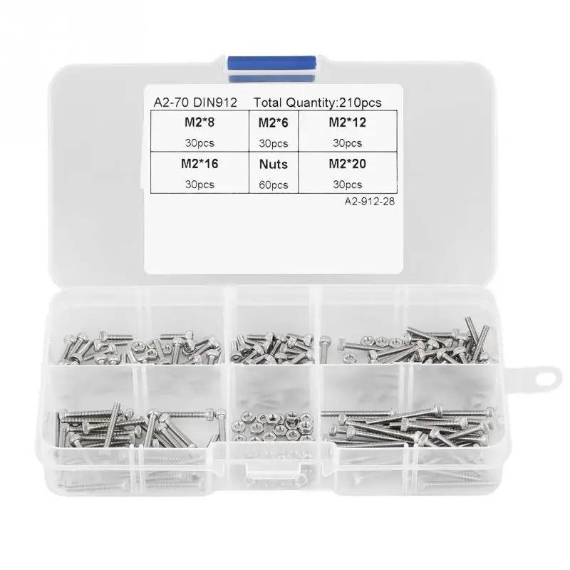 

210pcs M2 304 Stainless Steel Cup Head Hex Socket Bolt Screws Nuts Assortment Kit with Box