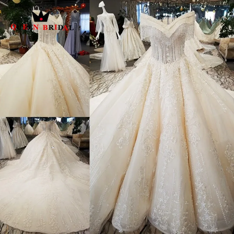 

Hot Sale 2019 robe de mariee Ball Gown Lace Beaded Crystal vestido de noiva QUEEN BRIDAL Long Train Wedding Dresses WD102