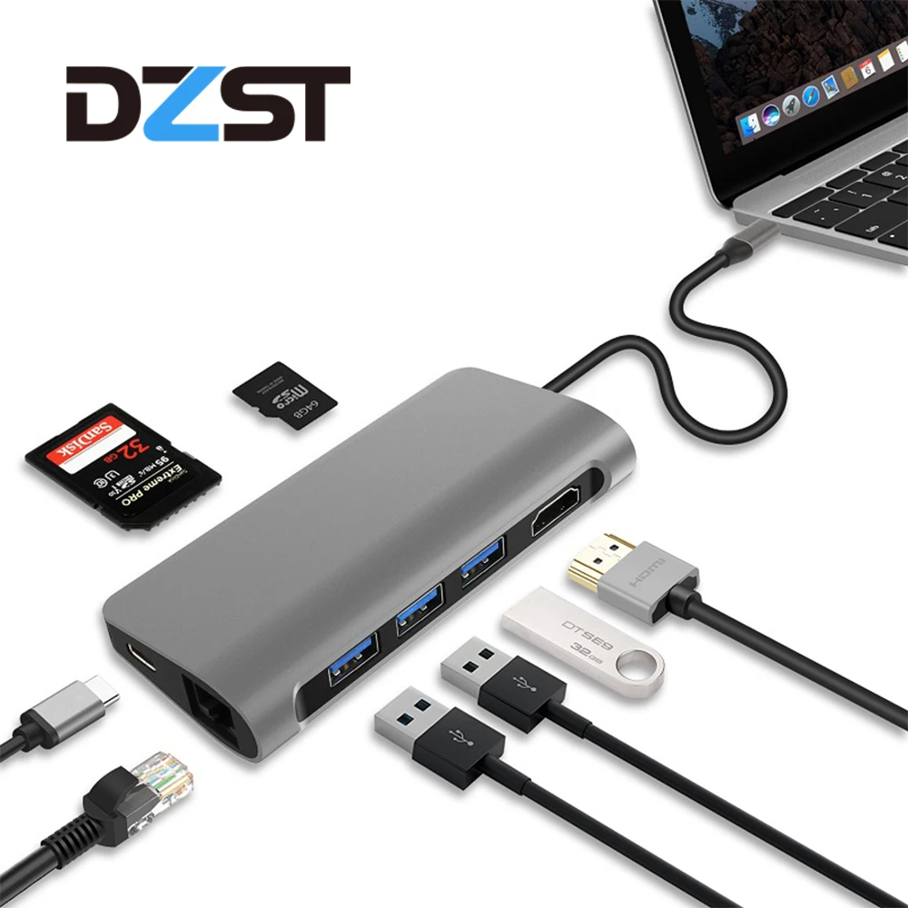 

DZLST USB C Hub to Ethernet LAN HDMI PD Charging SD/TF Card Reader 4K USB 3.0 HUB Splitter For Macbook Huawei P20 Samsung S9/S8+