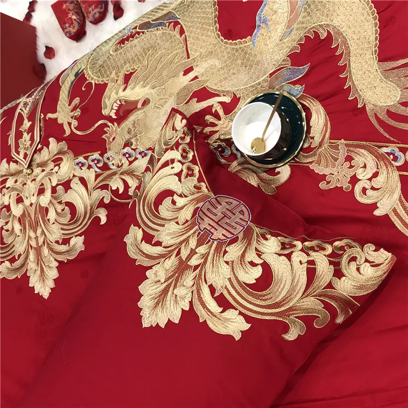 Waliicorners Egyptian Cotton Luxury Embroidery Red Wedding Bedding set Duvet cover Bed Sheets,Silky Ultra soft Queen King size 4/6/9- 28 IMG_1153