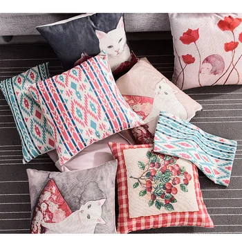 

45x45cm thicken cotton linen cat print pillow case decorative bohemian striped cushion cover waist pillow cover for back cushion