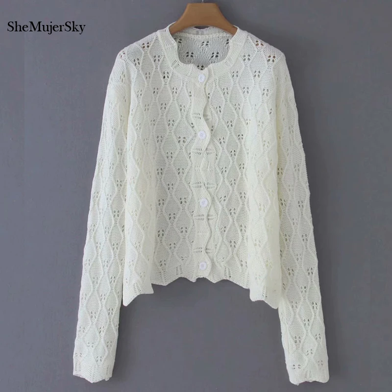 

SheMujerSky Cardigan Women Crocheted Hollow Out Sweaters Autumn Elegant Long Sleeve White Sweater 2019 sueter feminino