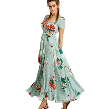 Vestidos de Verão das mulheres Vestido Maxi Vestido de Verão As Mulheres Se Vestem Senhoras Botão Up Divisão Floral Imprimir Flowy vestidos de Festa Vestidos de Noite