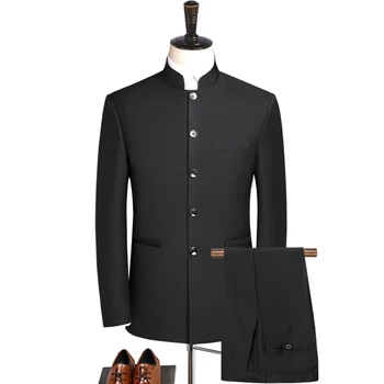

(blazer+ pants) Chinese style tunic suit 2 sets of high-end custom black suit XL S-5XL stand collar suits men business gentleman