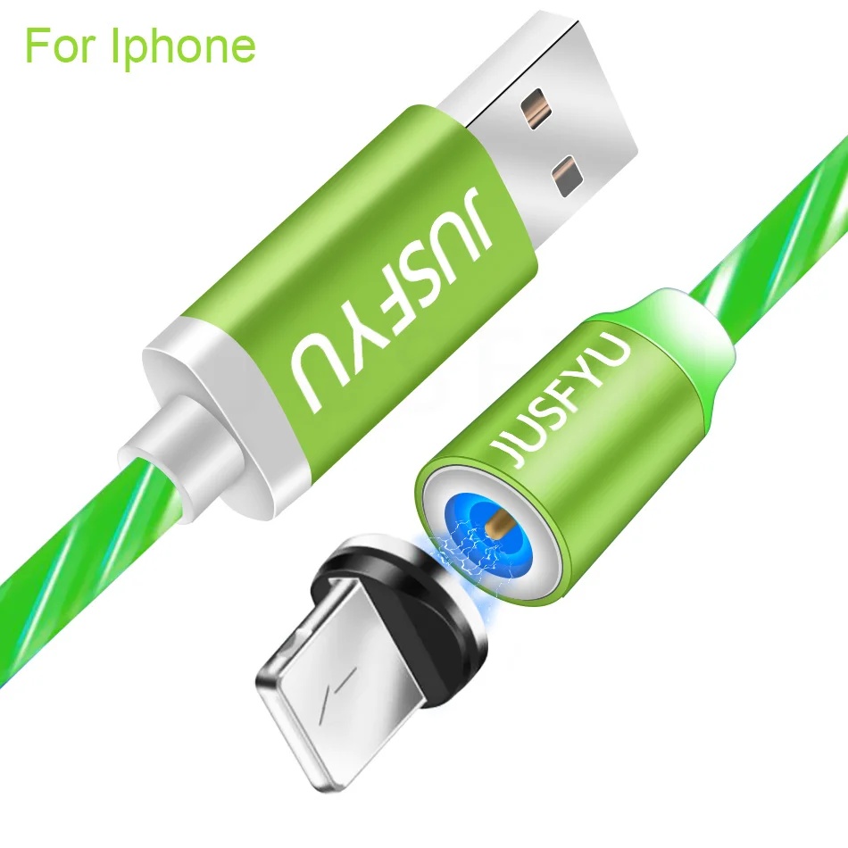Магнитный usb-кабель со светящимся потоком для iPhone XS MAX XR 7 8, зарядное устройство Micro type C для быстрой зарядки, Магнитный зарядный USB-C type-C - Цвет: For iPhone Green