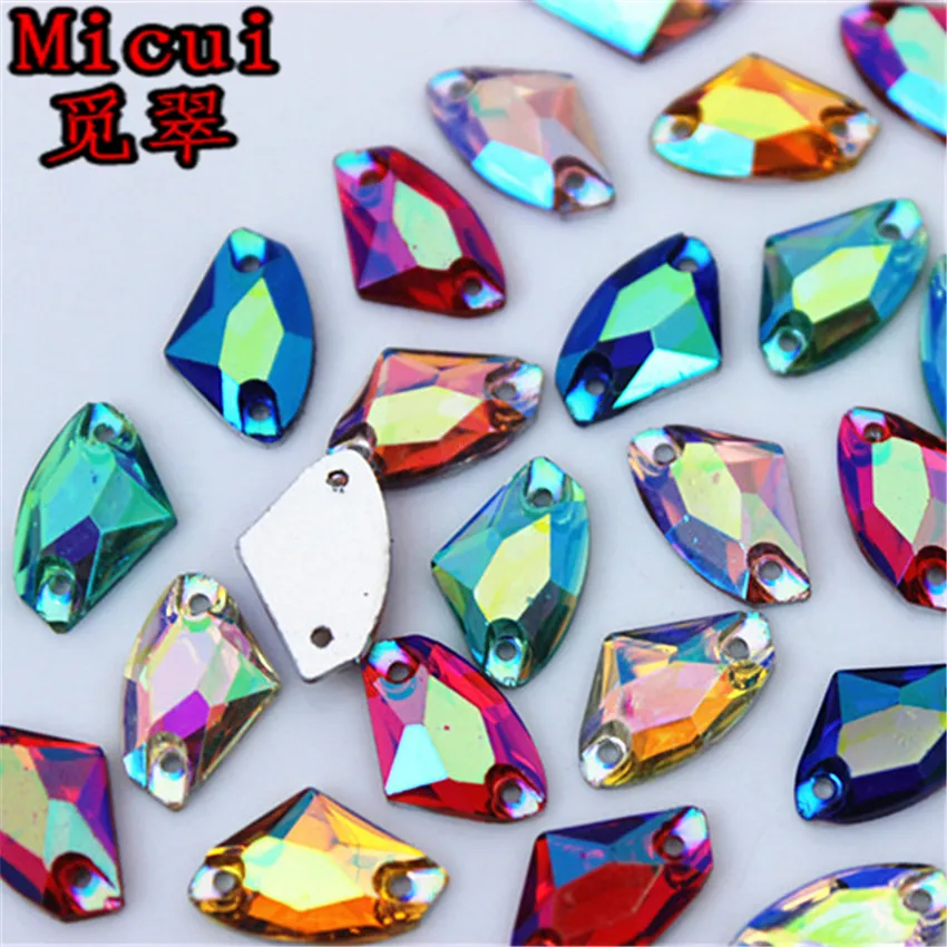 

Micui 100pcs 9*14mm Axe Crystal AB Color Flat back Silver Base Sew On Resin Rhinestone 2 holes for Garment Accessories ZZ417