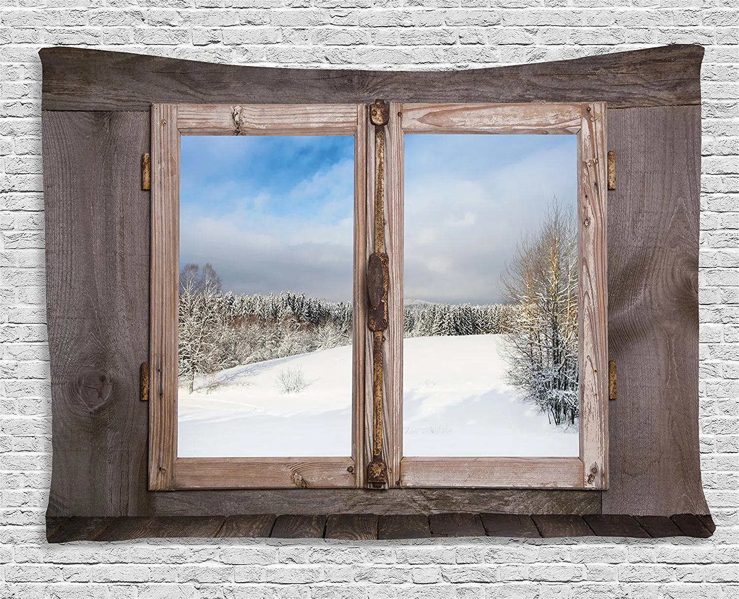 

Rustic Tapestry Winter Season Scene from a Wooden Window of Country House Snow Vintage Design, Wall Hanging for Bedroom