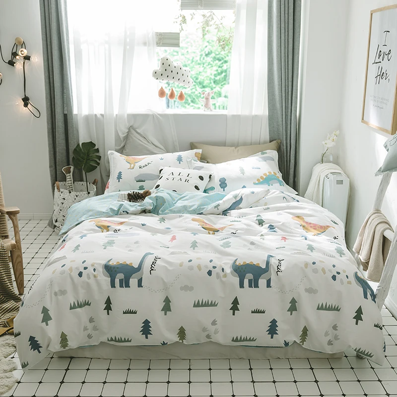 

Dinosaurs and woods print Cartoon style bedding set cotton fabric Queen Twin Size duvet cover flat sheet pillowcase