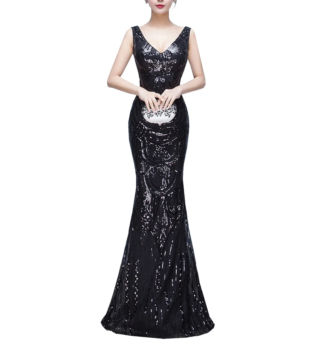 

Woman Elegant V-neck Sleeveless Sequins Mermaid Formal Evening Gowns Dresses Long Train Elegant Bridal Gown 2019