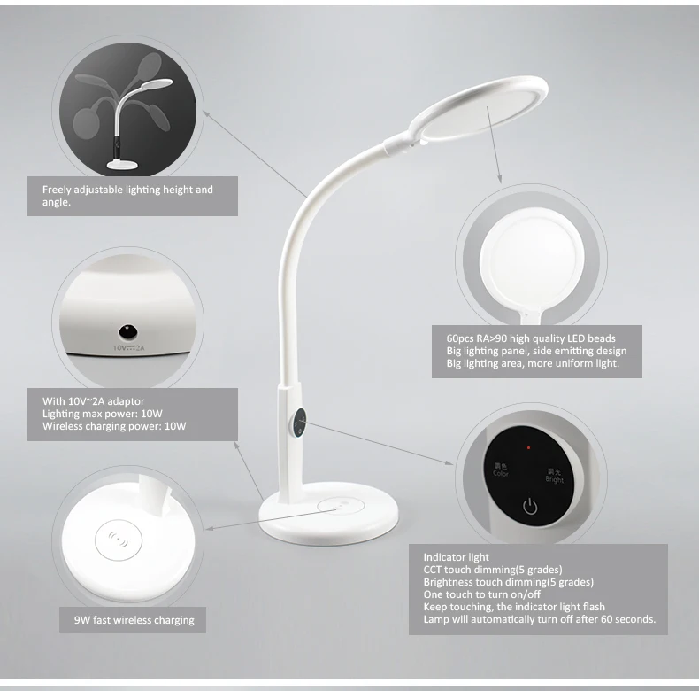 Modern Decrease blue light RA92 Eye Caring CCT Brightness Dimmable Swing Arm Desk Lamp LED Table Lamp With Wireless Charger