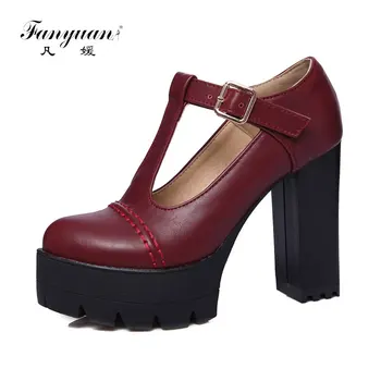 

Size 34-43 Fanyuan New Spring Women Platform Sexy Working Super High Thick Heel T-Strap High Quality PU Women Pumps Office Shoes