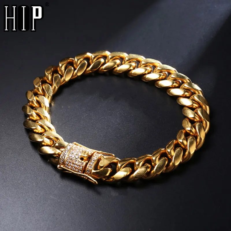 Хип-хоп, Мужская цепочка, рок браслет, Bling Iced Out, стразы, застежка, золотой цвет, нержавеющая сталь, кубинская цепочка, браслеты, ювелирные изделия