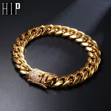 Хип-хоп, Мужская цепочка, рок браслет, Bling Iced Out, стразы, застежка, золотой цвет, нержавеющая сталь, кубинская цепочка, браслеты, ювелирные изделия