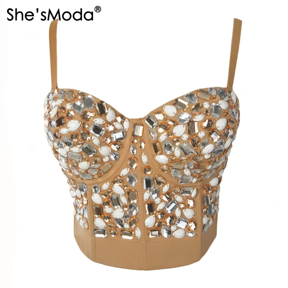 

She'sModa Khaki Rinestone Hand-made Pearls Bralet Corselets Women's Bustier Bra Cropped Top Wedding Bralette Vest Plus Size