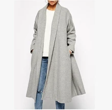 2016 Autumn Winter Women Gray Lapel Pocket Longline Coat Fashion Ladies Cardigans Streetwear Casual Loose Trench Outwear