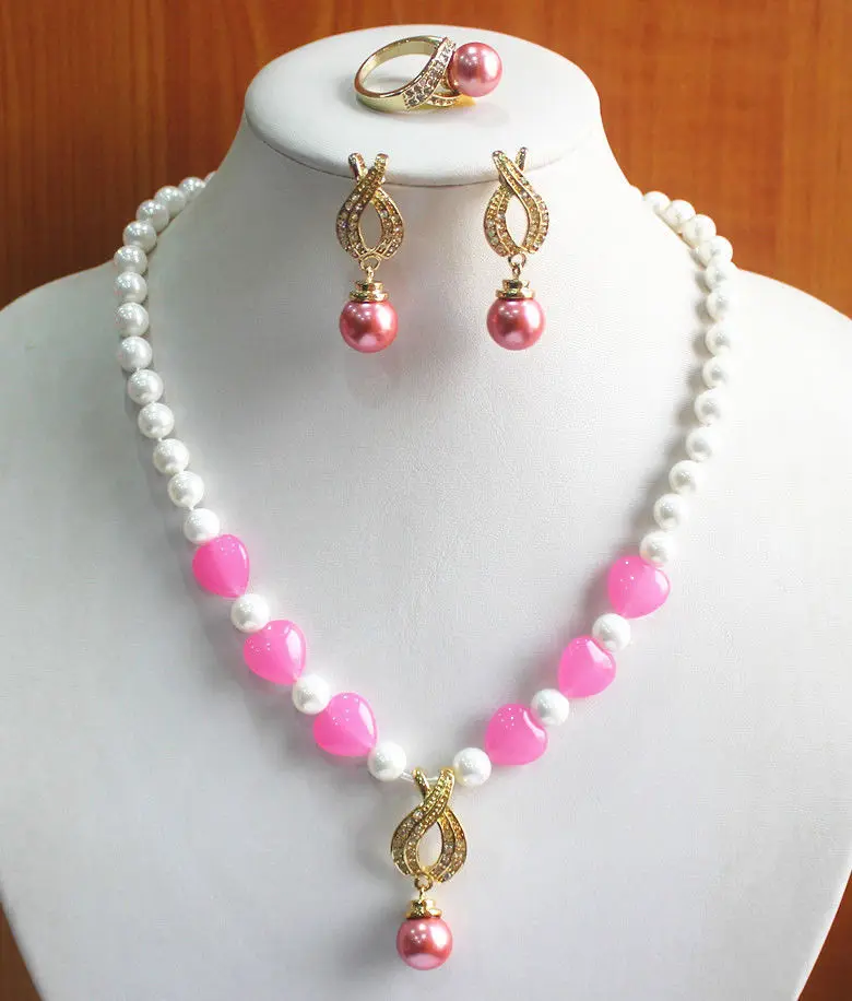 

free shipping 07587 Mixed Color Pearl/Heart Jade Necklace Earring Ring Jewelry Set (A0513)