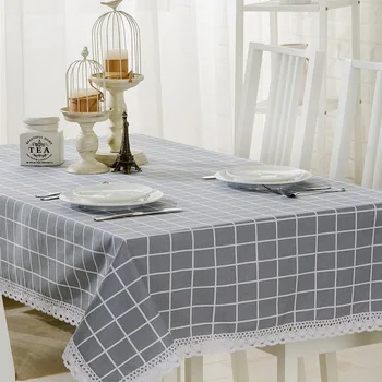 

European elegance and freshness style tablecloth Cotton Lace Trimmed Plaid grey rectangle table cover Customizable