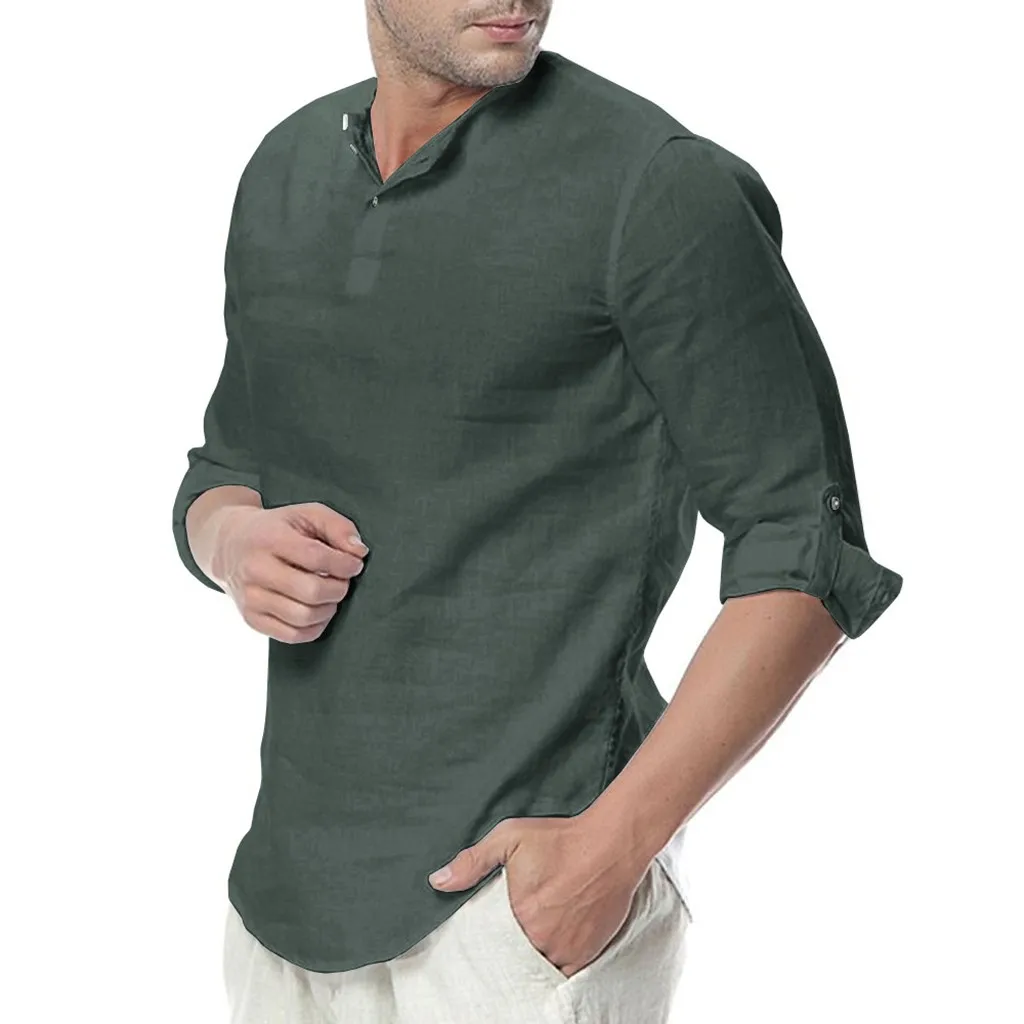 JAYCOSIN рубашка мужская летняя Осенняя льняная с рукавом три четверти Однотонная рубашка с пуговицами Новая повседневная мужская рубашка Mar27