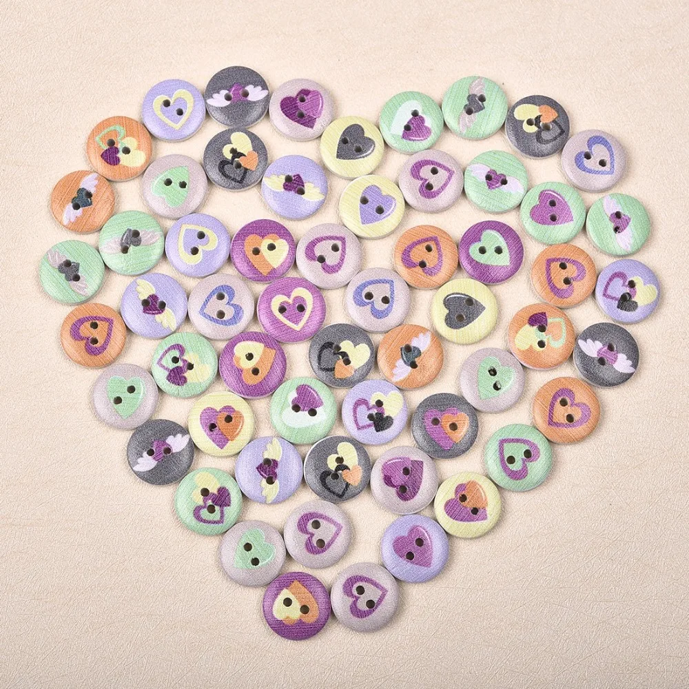 

50Pcs 2 Holes Princess Cat Heart Robot Printed Wooden Button Round 15mm Decorative Wood Buttons For Clothing Sewing Decoration