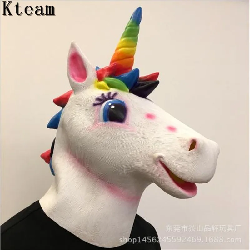 

Funny Unicorn Head Latex Masks Full Face Lovely Color Horse Mask Halloween Masquerade Party Adult Cosplay Fancy Costume Props