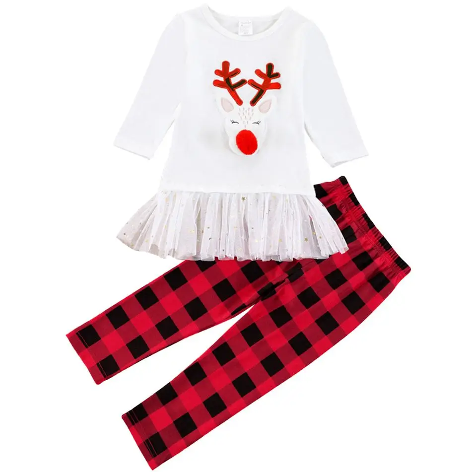 

Girls Christmas Clothes Autumn Clothes Baby Toddlers Girls Clothes Xmas Elk Tops with Plaid Pants Party Deer Kid Girls Clothes