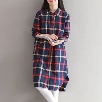 

Autumn Woman Plus Size Long Sleeve Plaid Shirt Korean Edition Side Split Turn-down Collar Cotton Linen Long Shirt Harajuku Tops