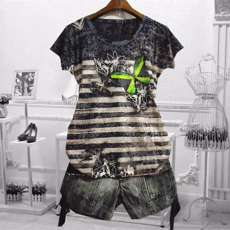 

Hot drilling print t shirt women 4XL 2019 vintage thin summer top short sleeve modis graphic tees o-neck tshirt funny t shirts