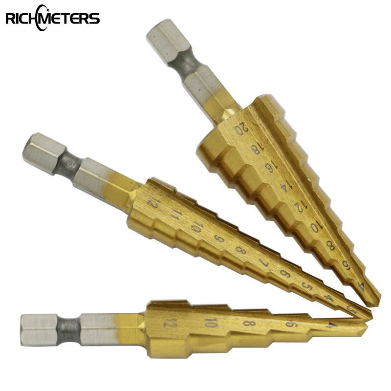 

3 PCS HSS Steel Large Step Cone Drill Titanium Bit Set Hole Cutter 4-20mm 4-12mm 3-12mm Metalworking