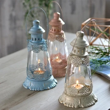 

American pastoral brush gold carved wrought iron glass candlestick wind lamp decoration romantic decorations creative Valentine'