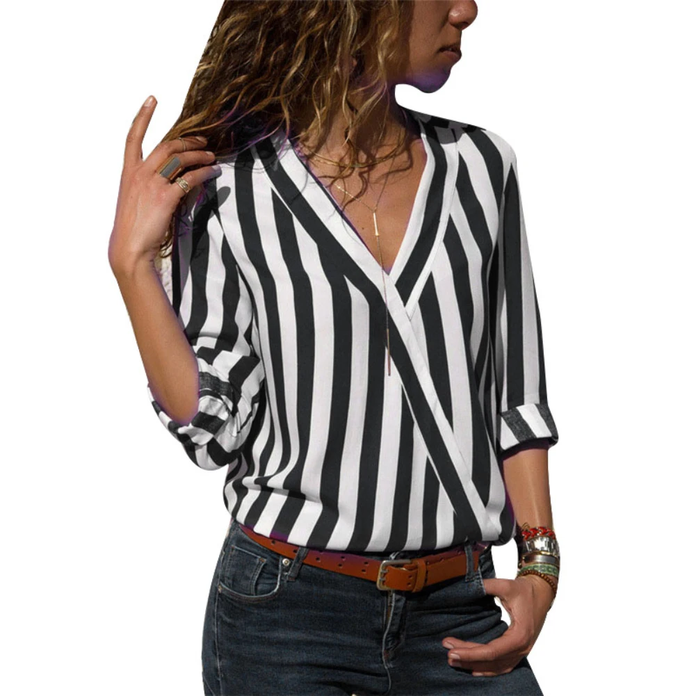 Новинка, Женская полосатая блузка, рубашка, длинный рукав, блузка с v-образным вырезом, рубашки, повседневные топы, блузка, шифон, Harajuku, свободная, OL, рубашка, блузка - Цвет: Черный