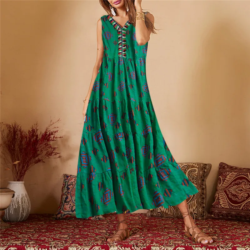 

Summer V Neck Sleeveless Dress Vintage Printed Tanks Dress Women Bohemian Cotton Linen Vestido Party Beach Long Sundress Female