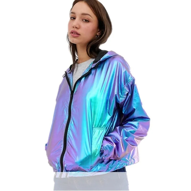 Street Wear Style Shining Colorful Water Proof Hooded Zipper Long Sleeves Jacket Plus Size All Matching Clothing FS0787