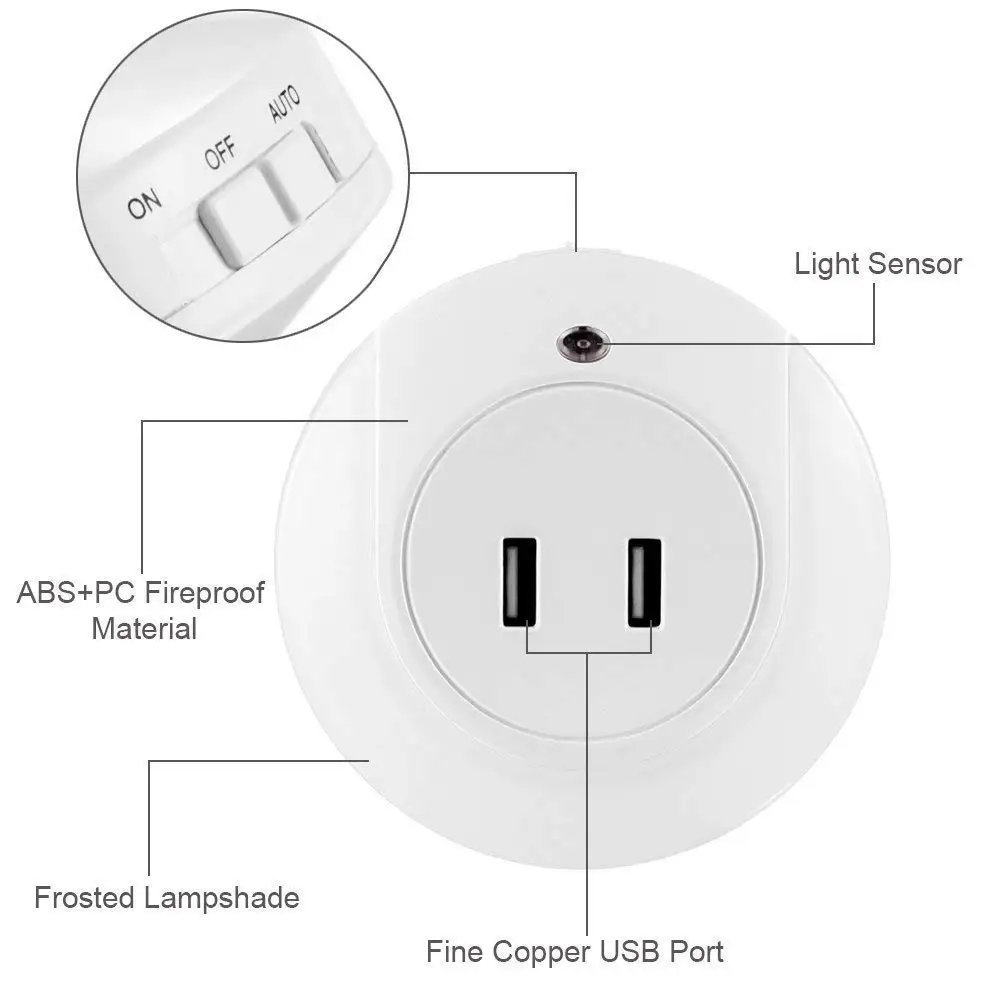 Круглый авто светильник Сенсор светодиодный Ночной светильник с 2 Зарядка через usb гнездо теплый белый ночной Светильник вилка европейского и американского Зарядное устройство для телефонов и планшетов