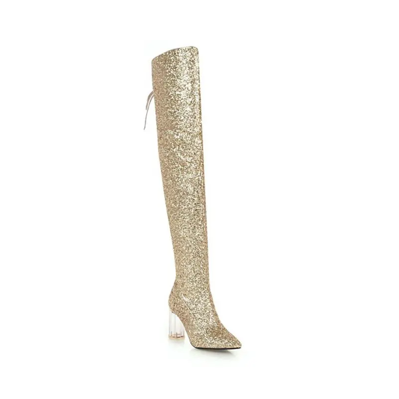 REAVE CAT/осенне-зимняя обувь; женские Сапоги выше колена; однотонные сапоги до бедра на шнуровке; обувь на прозрачном каблуке; Botas feminino; A1406 - Цвет: Gold Velvet