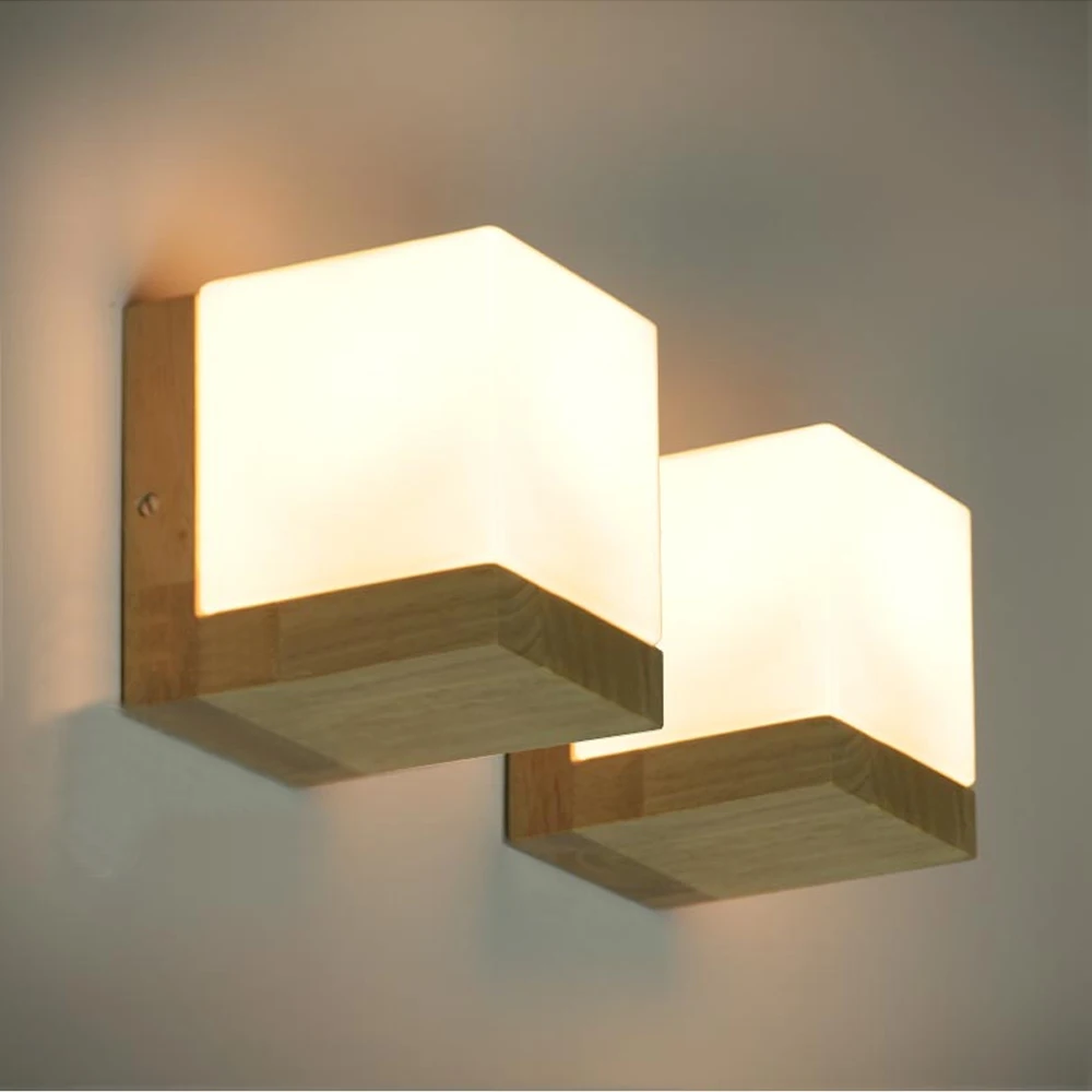 Modern Oak Wood Cube Sugar Shade Wall Lamp Bedroom Wooden Glass ... Modern Oak Wood Cube Sugar Shade Wall Lamp Bedroom Wooden Glass ...