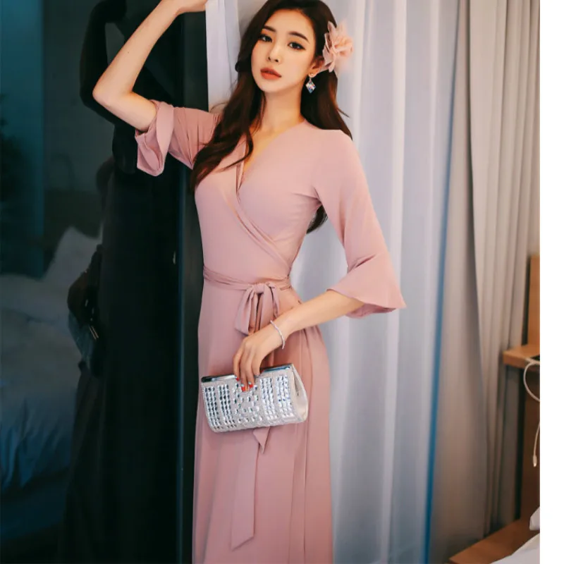 Прямое платье размера плюс, Осеннее женское синее платье с расклешенными рукавами и v-образным вырезом, элегантное офисное платье длиной до щиколотки, винтажные корейские платья