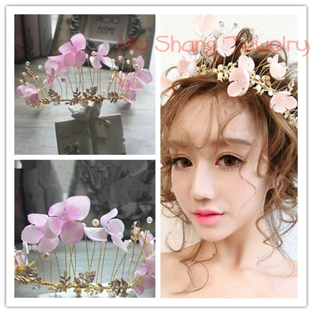 Baroque Wedding Hair Accessories Handmade Crystal Pearl Leaf Pink