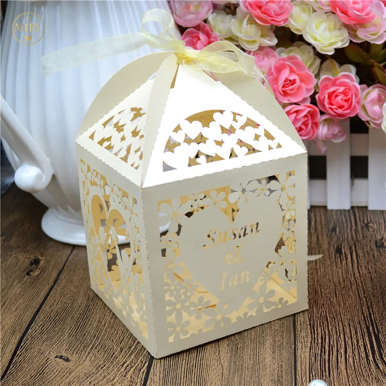 Gold metallic paper laser cut personalized wedding sweets box