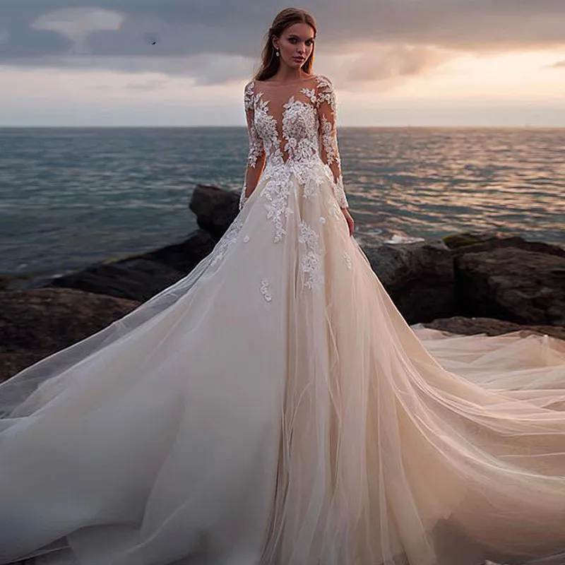 2019 Elegant Lace Appliques Wedding Dress With Long Sleeveless vestidos de novia Illusion Back Sweep Train Bridal Gowns | Свадьбы и