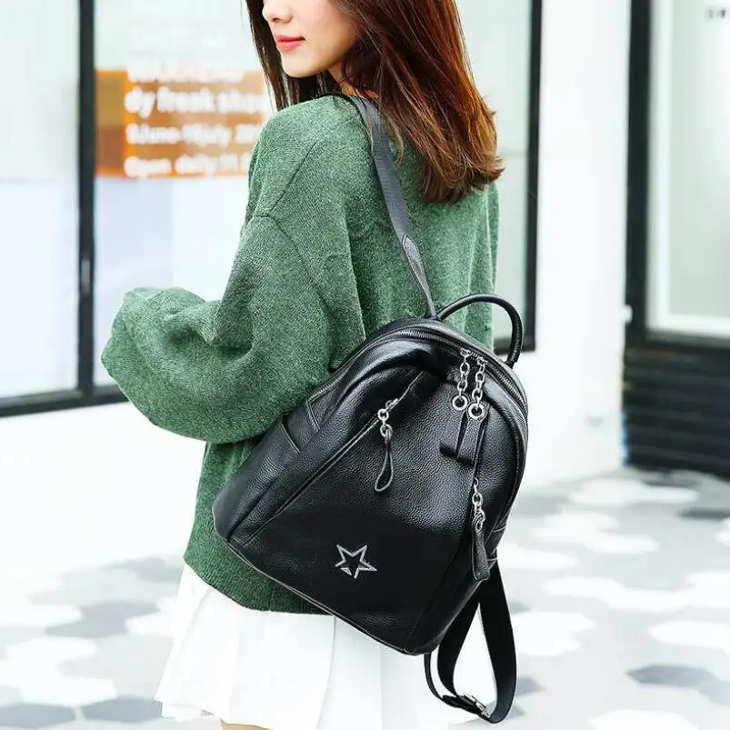 

FoxTail & Lily Cow Leather Backpack Women Genuine Leather Laptop Shoulder Bag Ladies School Back Bags Metal Pentagram Design