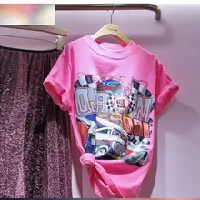 Футболки с розовым принтом машины, базовая Повседневная Новая Модная хлопковая футболка, дизайнерские топы для подиума, футболка для женщин, топ Femme