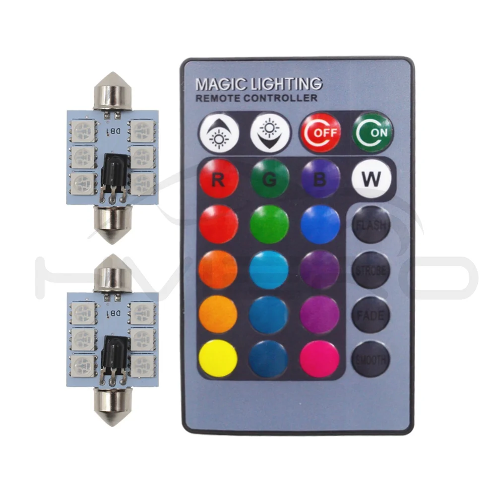 T10 RGB Car Led C5W 39mm 5050 6SMD Festoon Dome Door Multi Color Light Remote Controlled Colorful Lamp Roof Trunk Wedge Bulbs
