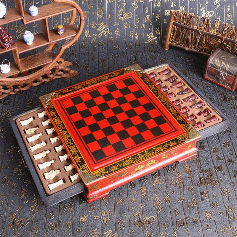 

Brand New 32Pcs/Set Resin Chinese Chess With Coffee Wooden Table Vintage Collectibles Gift Entertainment Board Games Gifts