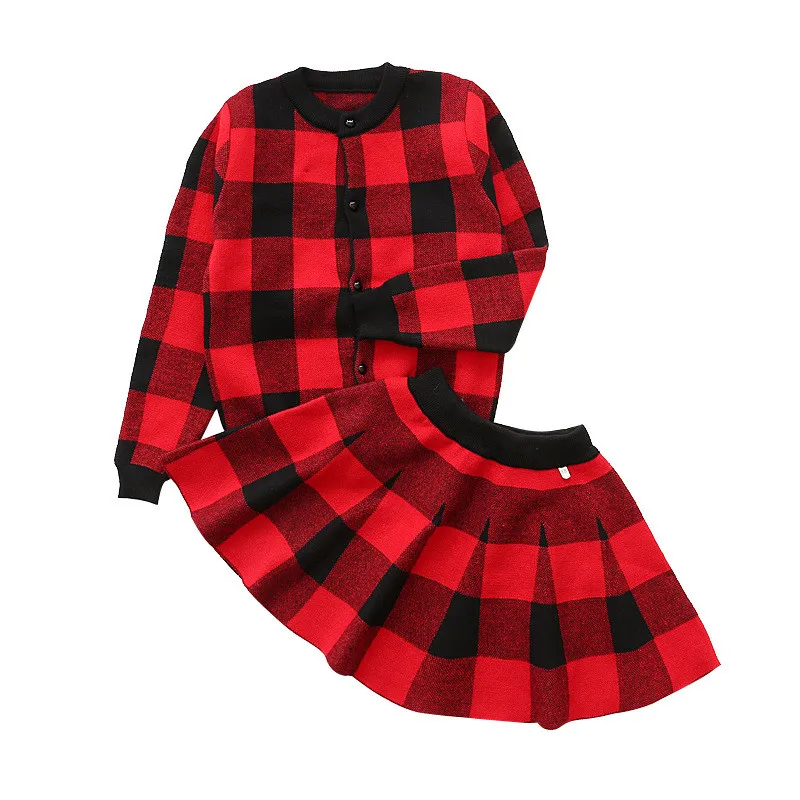 

5-12 Years Girls Clothing Set Knitted Plaid Sweater Top+Skirt Outfits 2 PCS Long Sleeve Girls Outerwear Baby Girl Clothes H0338