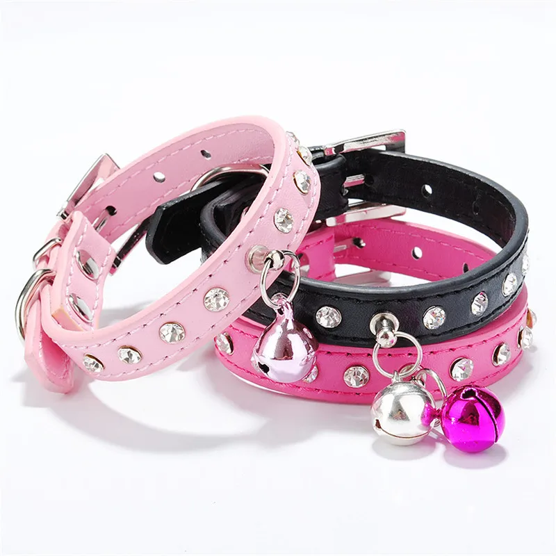 

Lovely Adjustable Pet Collar Transparent Rhinestones Soft PU Leather Dog Puppy Cat Collars with Bells Pet Supplies Accessories