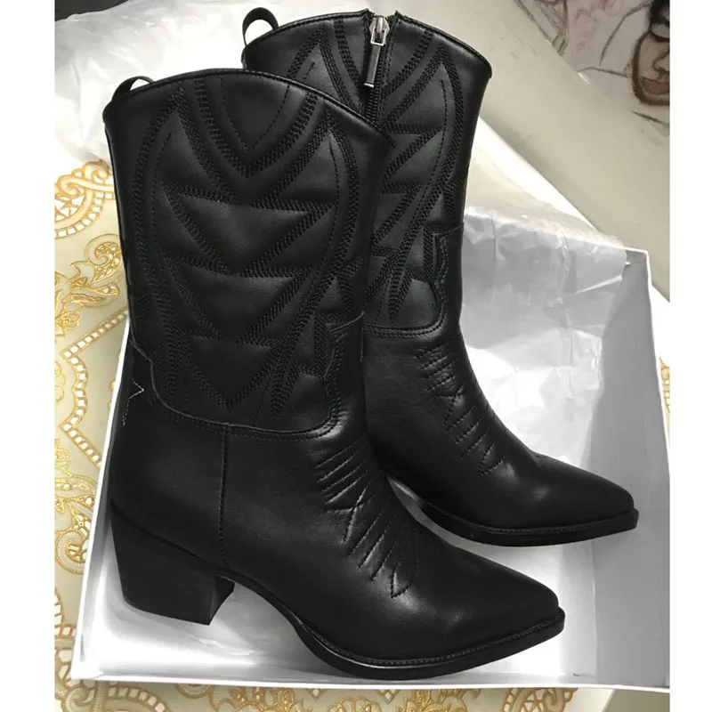 Negro Martin Tacón 2018 Tobillo Cuero Black Botas Punta Estrecha Alto Moda Bordado Leather Mujer Verdadero qfWHnTZa