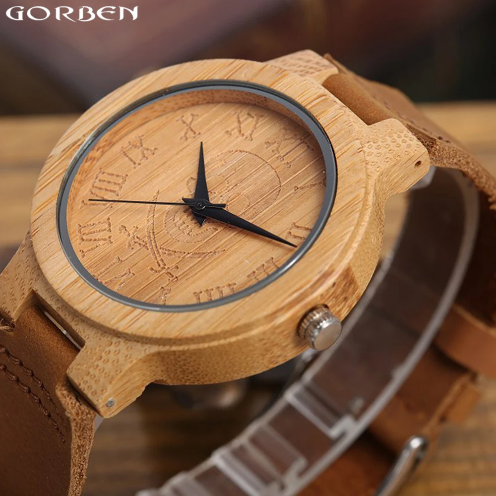 

Natural Bamboo Wood Watches Men Carved Pirate Roman Numerals Analog Quartz Wristwatches Women Mens Casual Skull Engraved Clock