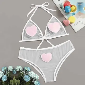 

Women Heart Pattern Sheer Underwear Set Sexy Fashion Cute Bow Bandage Mesh Lingerie Set Conjunto Cueca 2019 New Hot Sale Y